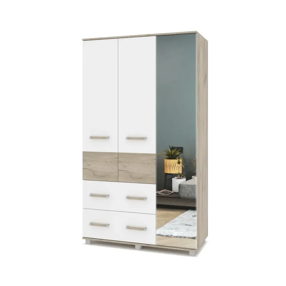 Шкаф трехстворчатый с зеркалом и ящиками В33 Виора, Серый дуб/Белый 