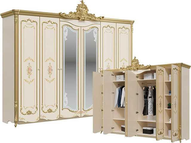 Шкаф 6-и дверный Шейх, Слоновая кость/золото 