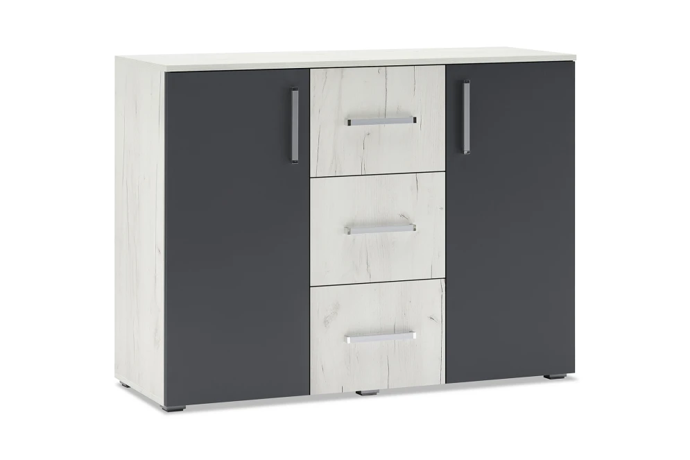 Комод (3 ящика, 2 двери) Фиеста New, Дуб крафт белый / Графит 