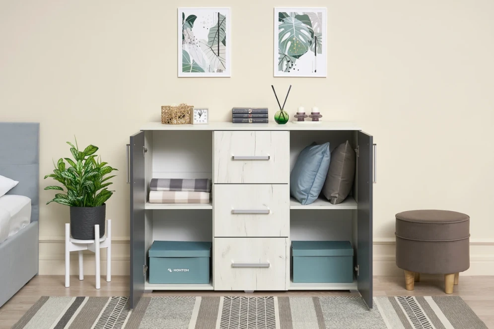 Комод (3 ящика, 2 двери) Фиеста New, Дуб крафт белый / Графит 