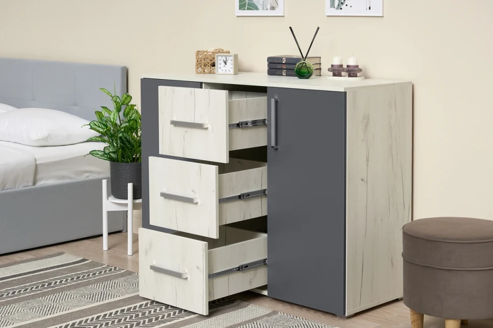 Комод (3 ящика, 2 двери) Фиеста New, Дуб крафт белый / Графит 