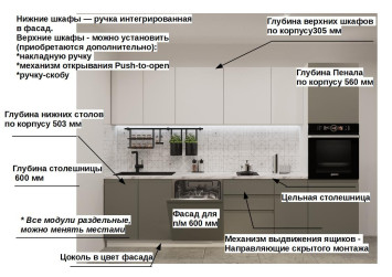 Кухонный гарнитур Лайн Тальк/Обсидиан,  3000 мм (арт. 16)