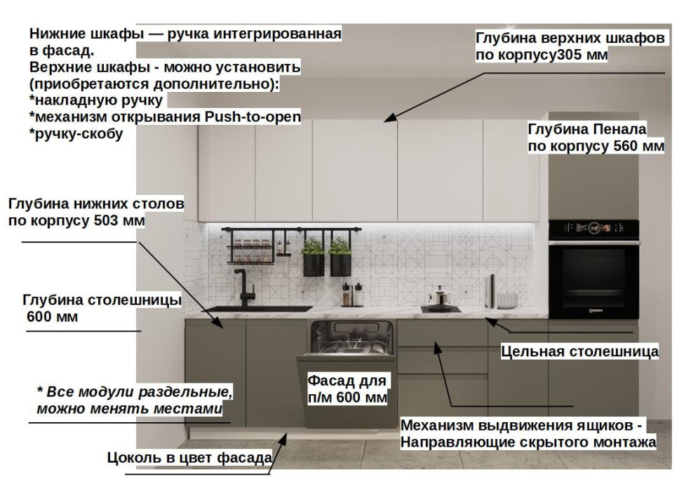 Кухонный гарнитур Лайн Тальк/Обсидиан,  3000 мм (арт. 16) 