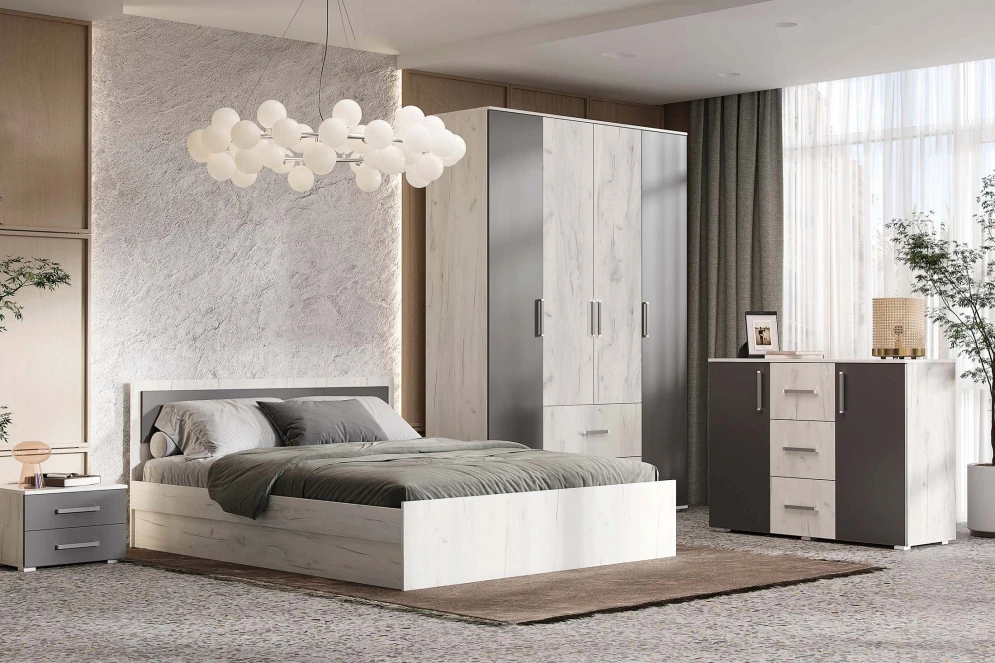 Кровать двуспальая Фиеста New, Дуб крафт белый / Графит 