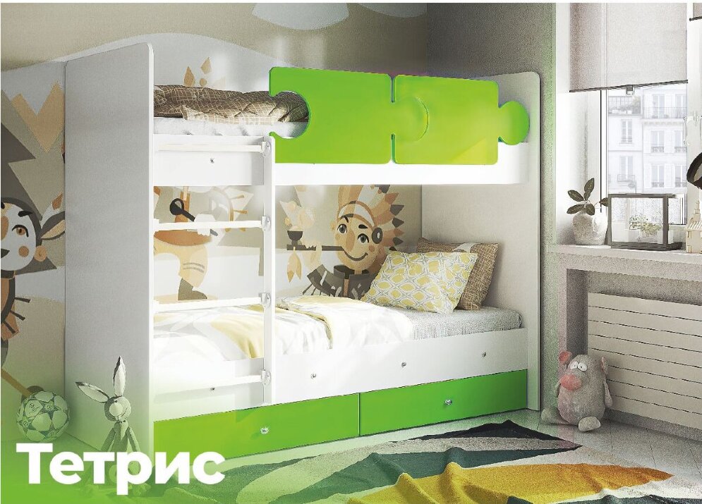 Кровать двухъярусная Тетрис, Белый / Синий 