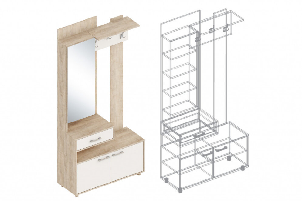 Вешалка с зеркалом Граф, Перламутр/Дуб баррик 