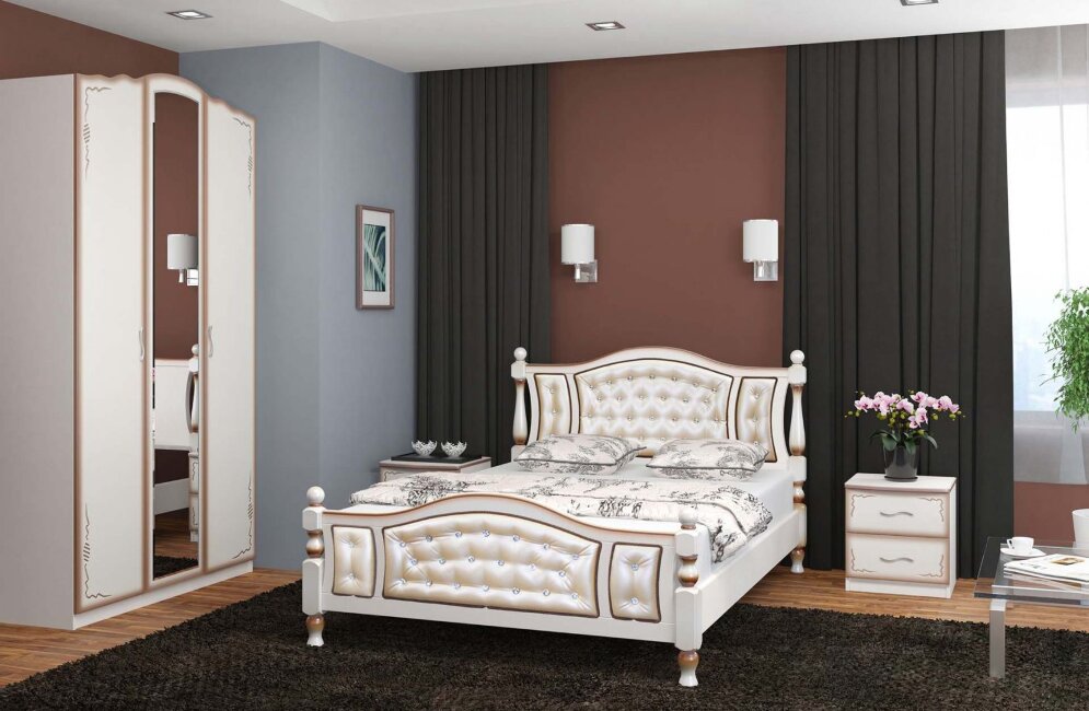 Кровать из массива Жасмин, дуб молочный + светлая экокожа  