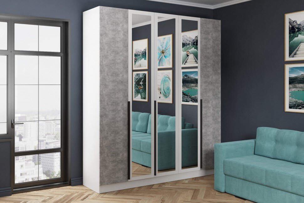 Шкаф пятистворчатый с зеркалом Мадрид, Белый/Ателье светлое 