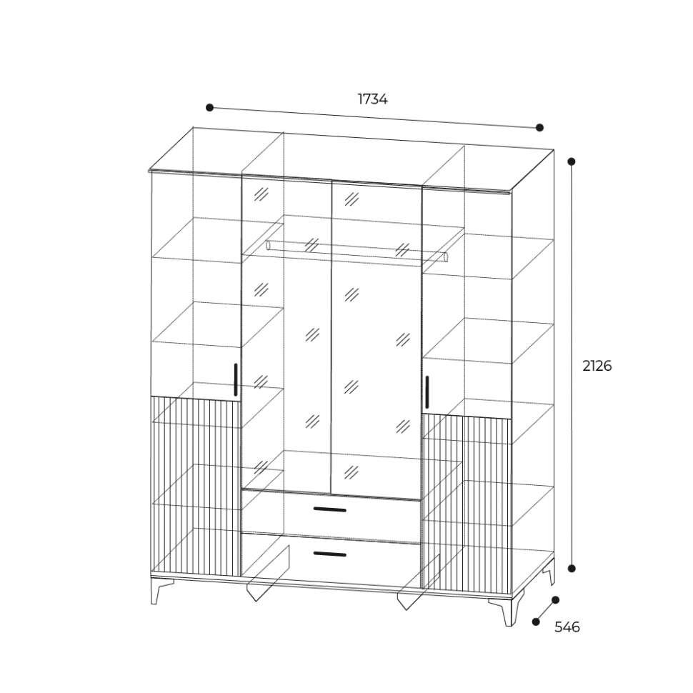 Шкаф 4-створчатый Дюна с ящиками и зеркалами 