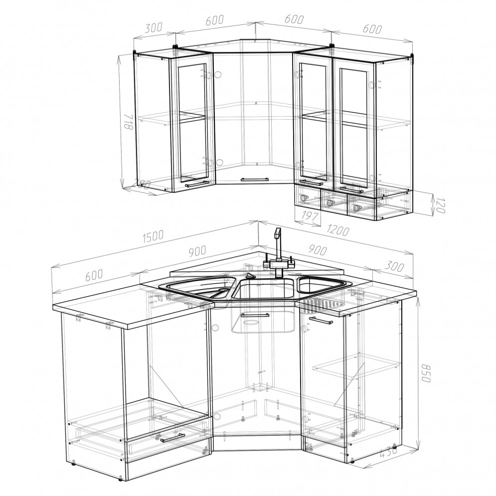 Кухонный гарнитур Лира литл, 150х120 см 