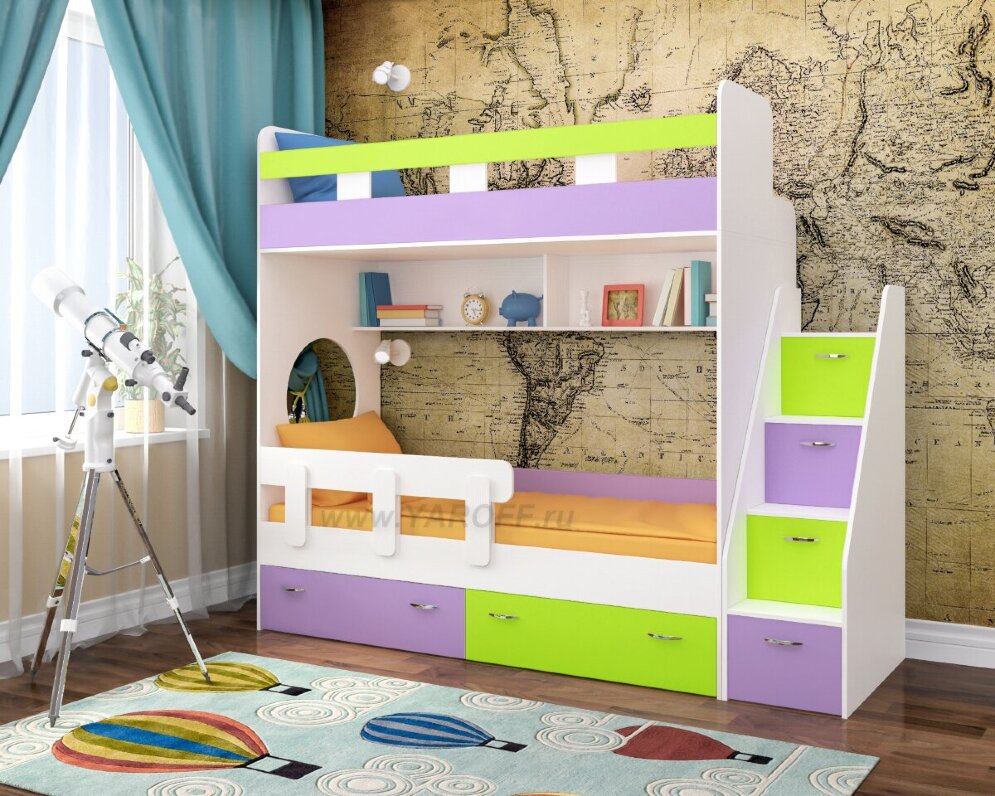 Двухъярусная кровать Юниор-1 Белое дерево + ирис + лайм 