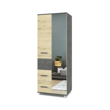 Шкаф двустворчатый с зеркалом и ящиками В24 Виора, Камень темный/Ирландский дуб