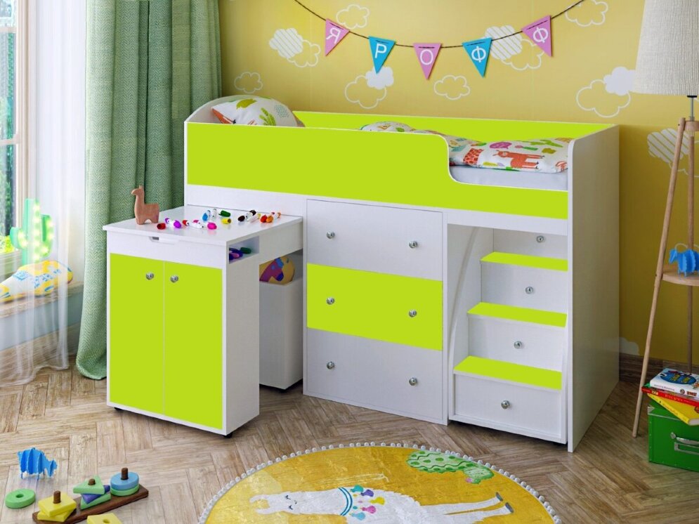 Кровать-чердак Малыш, белый / лайм 