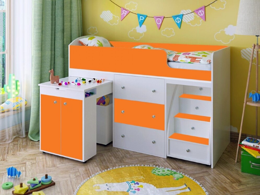 Кровать-чердак Малыш, белый / лайм 