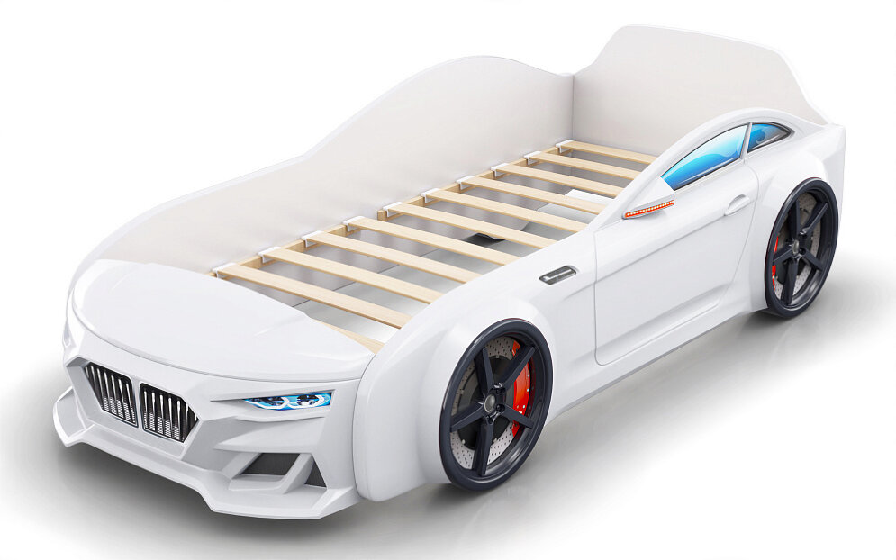 Кровать-машинка Dynamic Белый (с подсветкой фар и объемным капотом) 