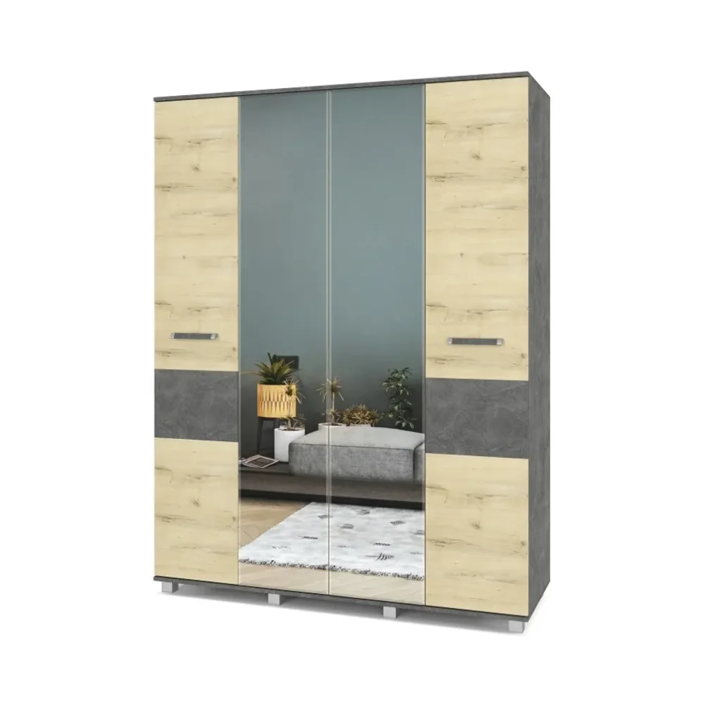 Шкаф четырехстворчатый с зеркалом В41 Виора, Камень темный/Ирландский дуб 