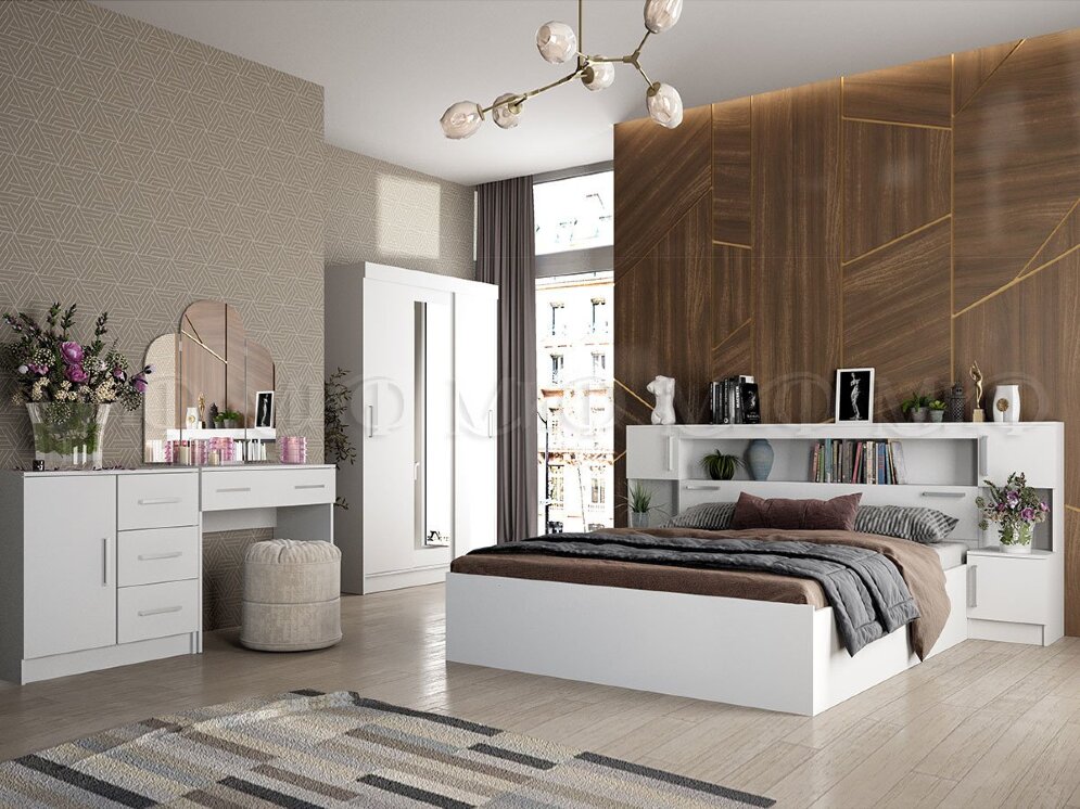 Кровать двуспальная с надстройкой с тумбами Бася, белый 