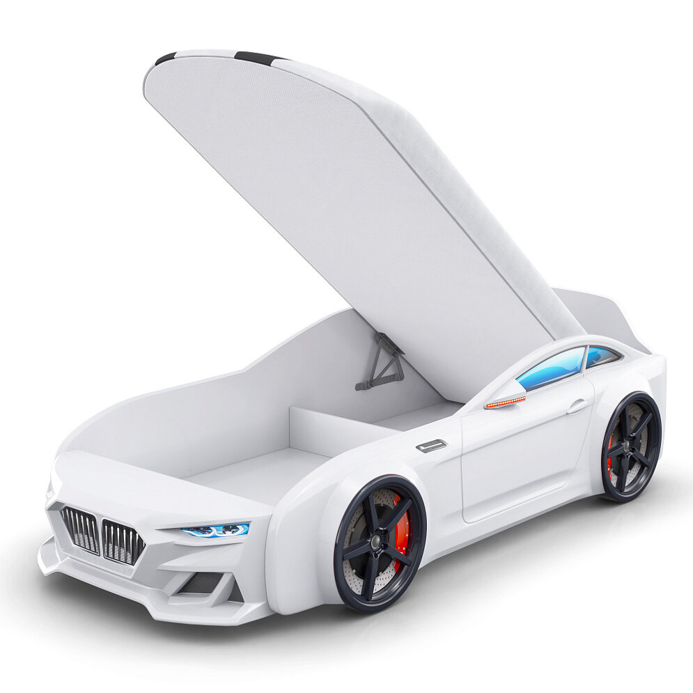 Кровать-машинка с матрасом, подъемным механизмом и подсветкой фар Dynamic-М Белый  