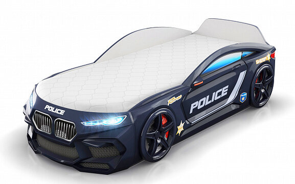 Кровать-машина Romeo Полиция с матрасом и подсветкой фар, черная 