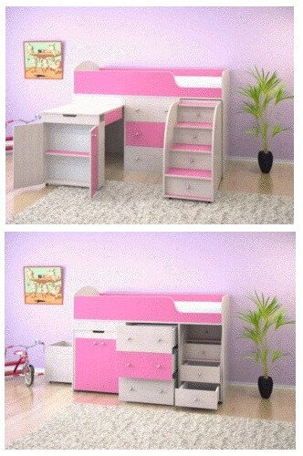 Кровать-чердак Малыш Белое дерево/Розовый  