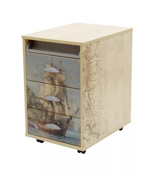Тумба выкатная 3 ящика с рисунком цветы/фрегат 