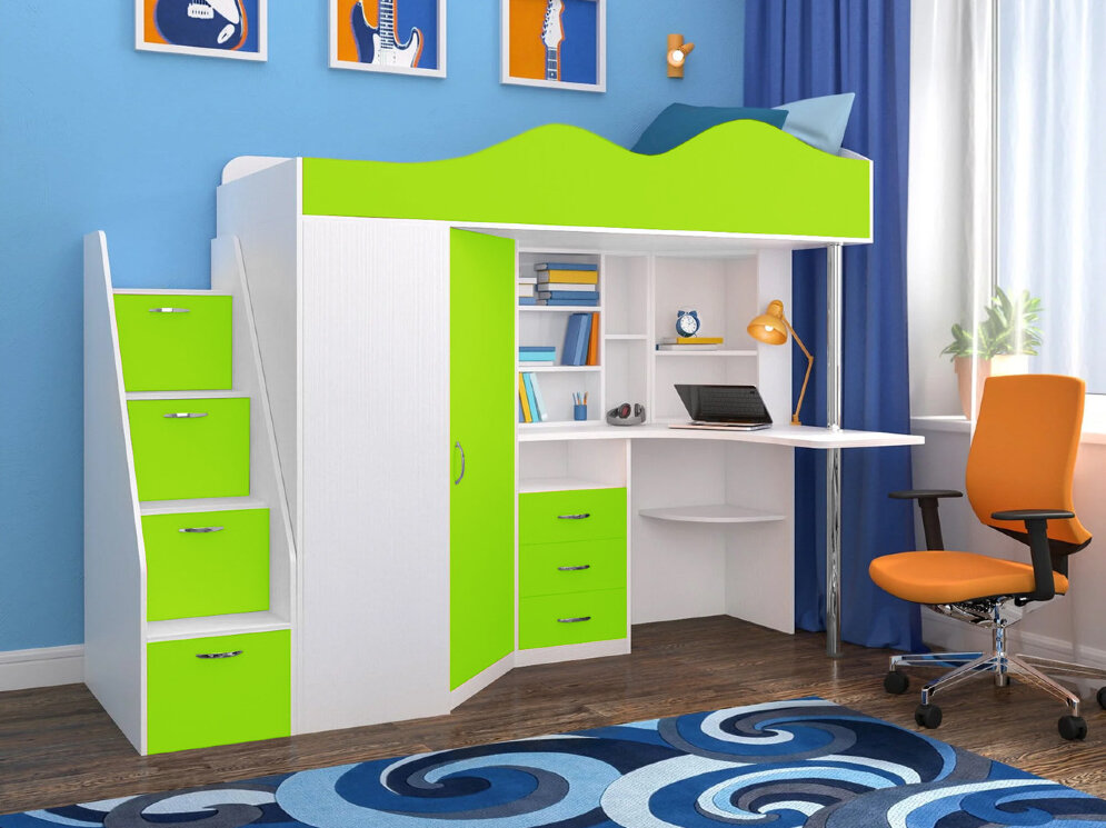 Кровать-чердак Пионер 1, Белое дерево/лайм (Ярофф) 